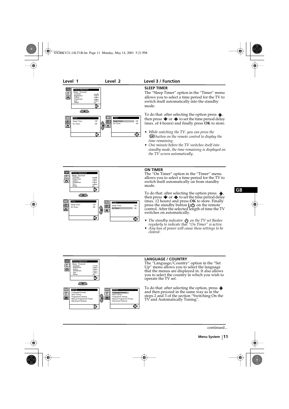 Level 1 level 2 level 3 / function | Sony KV-21LT1B User Manual | Page 11 / 20