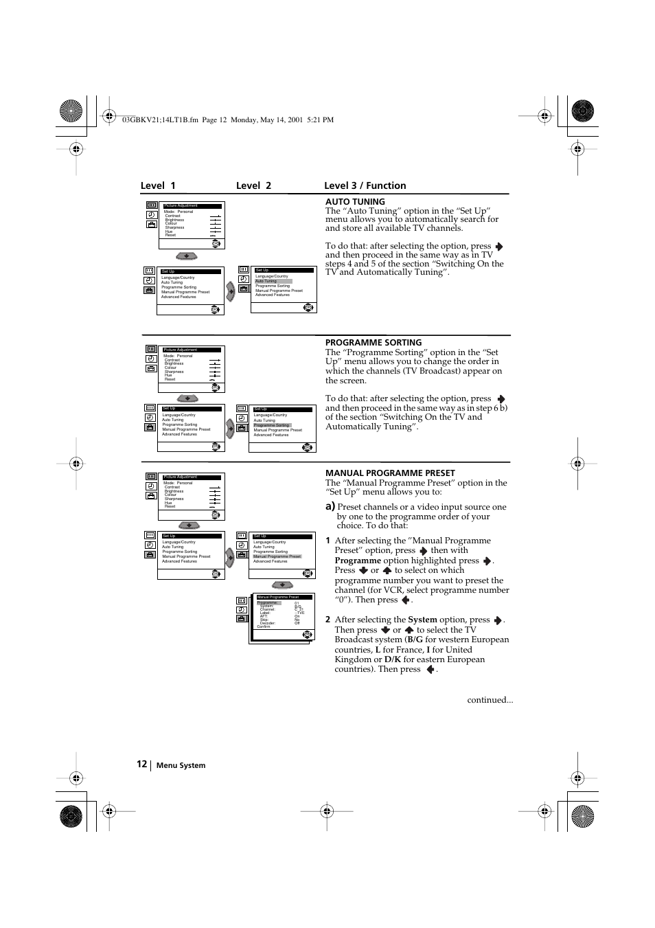 Level 1 level 2 level 3 / function | Sony KV-21LT1B User Manual | Page 12 / 20