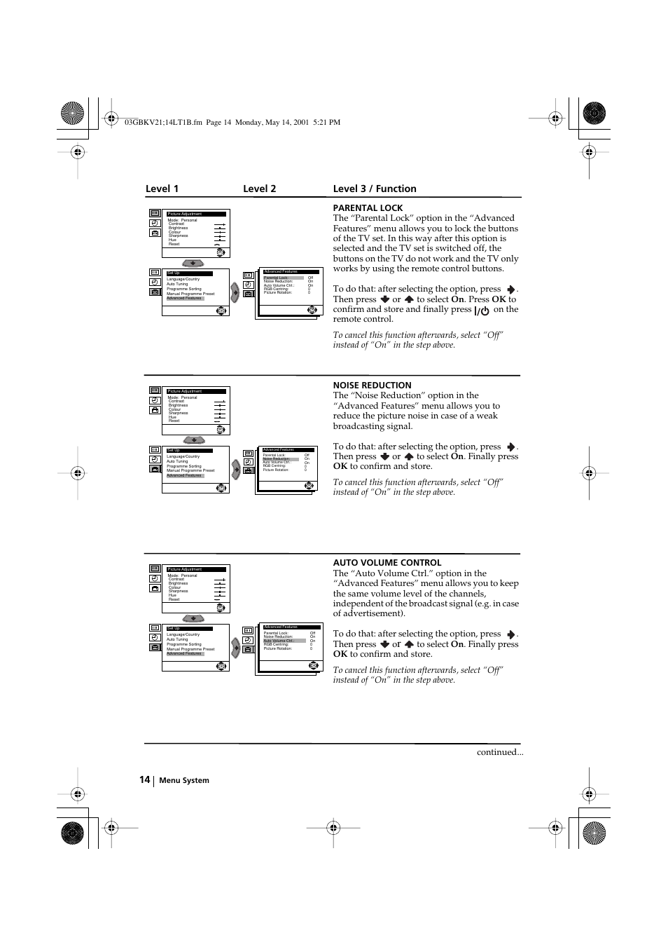 Level 1 level 2 level 3 / function | Sony KV-21LT1B User Manual | Page 14 / 20