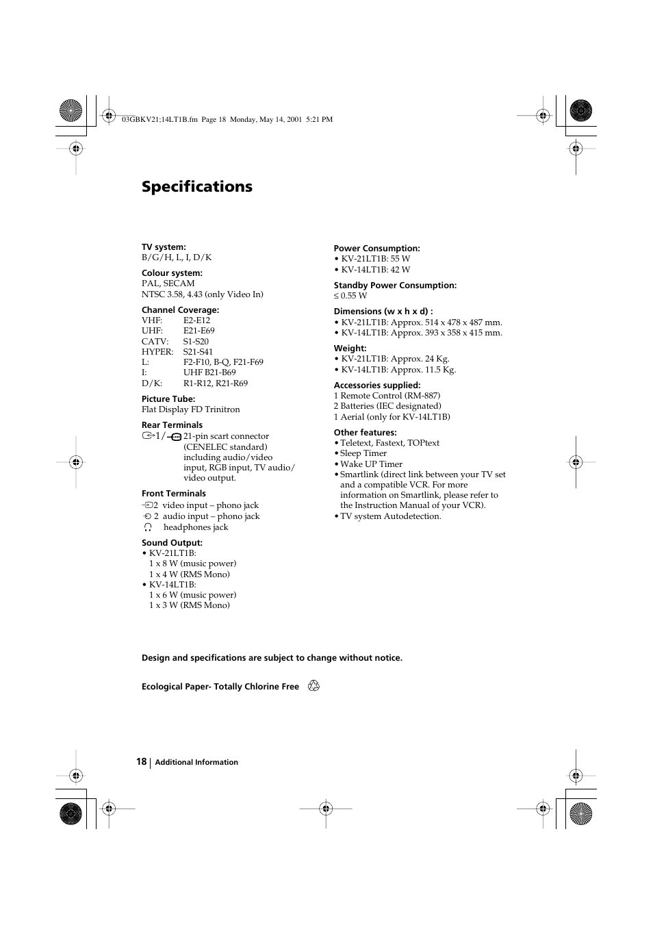 Specifications | Sony KV-21LT1B User Manual | Page 18 / 20