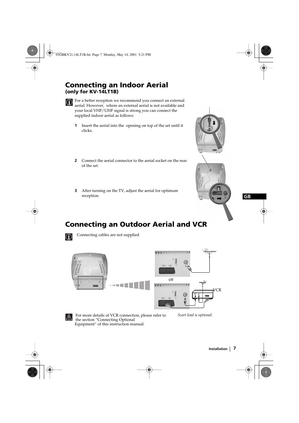 Connecting an indoor aerial, Connecting an outdoor aerial and vcr | Sony KV-21LT1B User Manual | Page 7 / 20