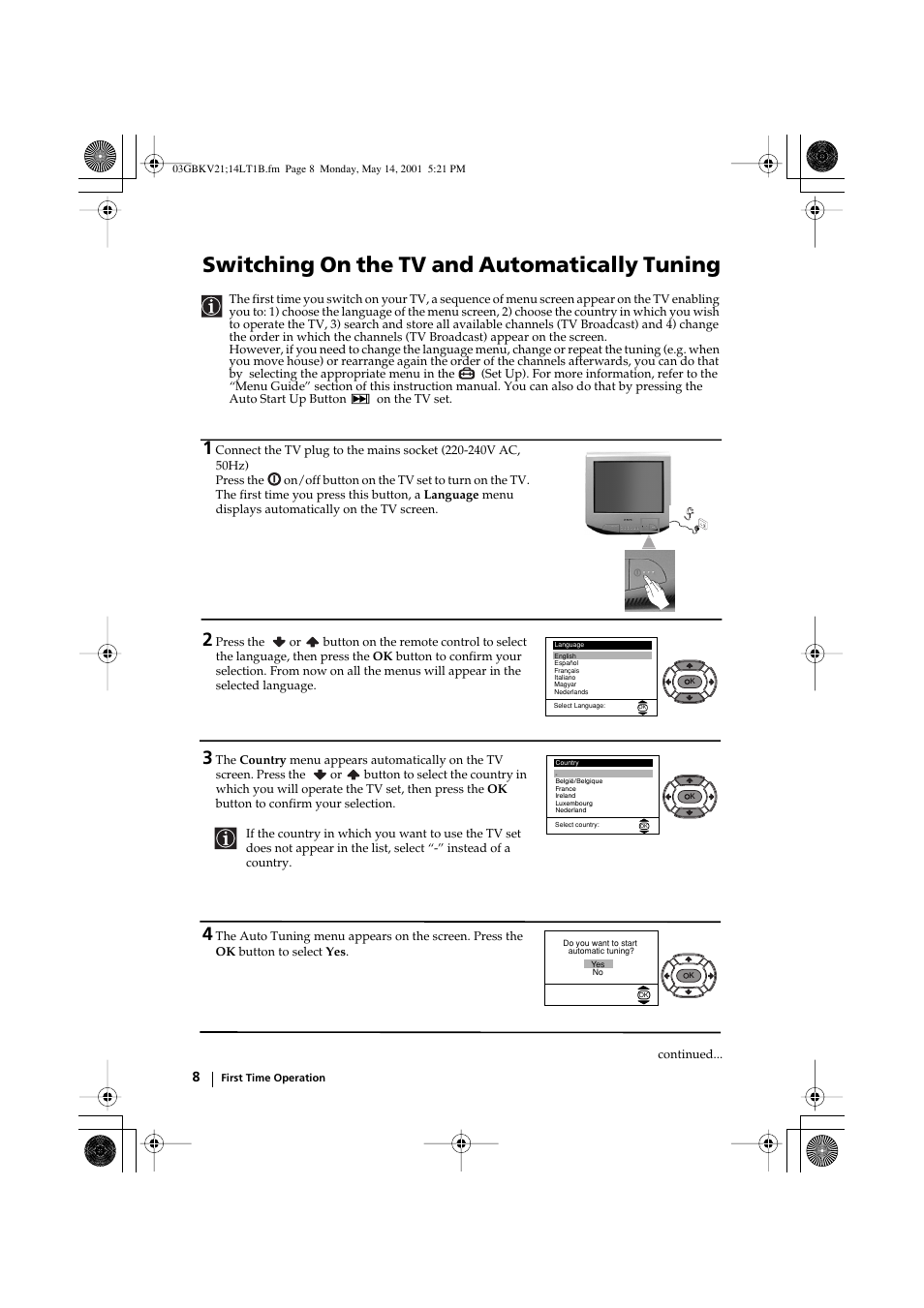Switching on the tv and automatically tuning | Sony KV-21LT1B User Manual | Page 8 / 20