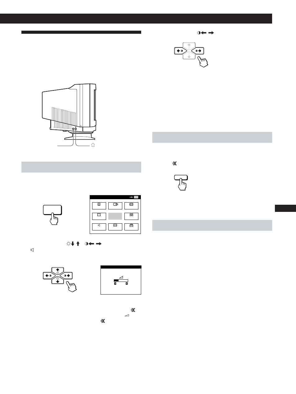 Conexión del altavoz del monitor, Procedimientos iniciales, Ajuste del sonido 1 | Para desactivar el sonido, Uso de la toma de auriculares | Sony CPD-100GST User Manual | Page 61 / 92