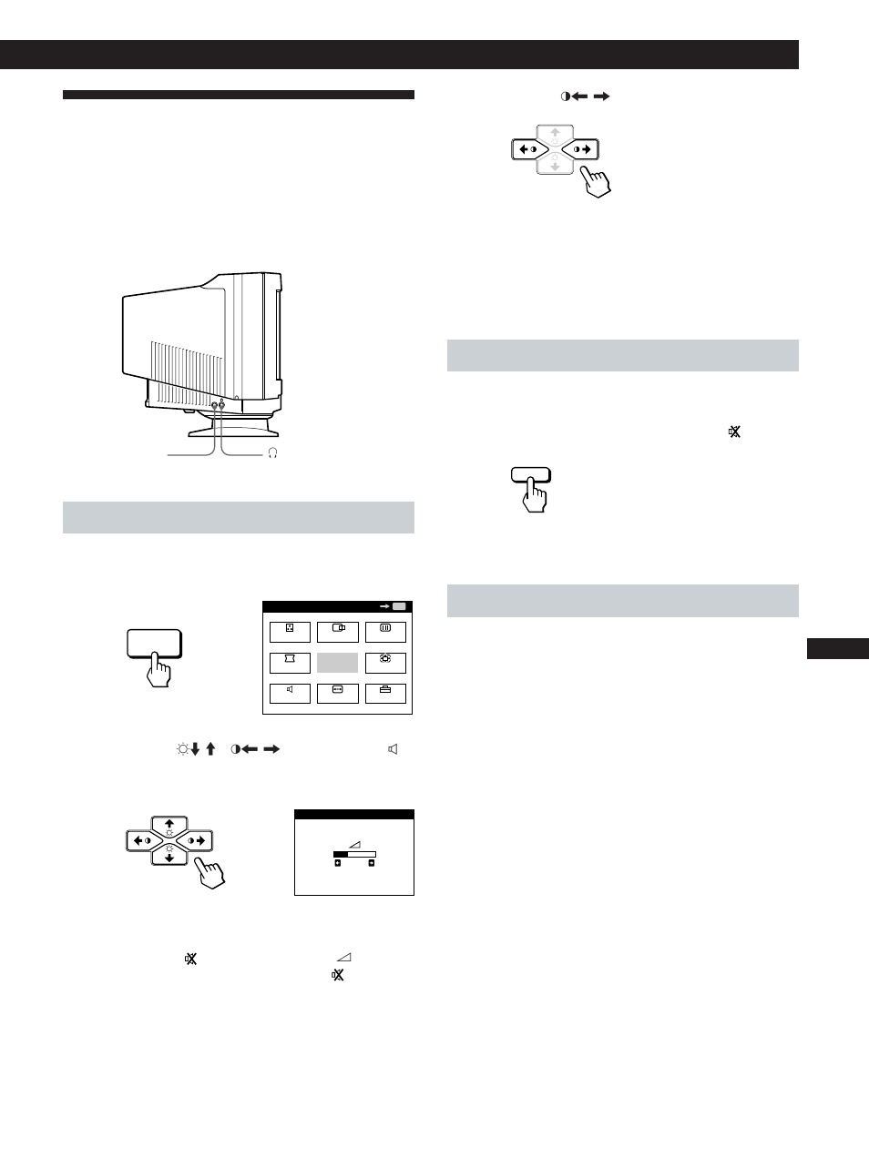 Collegamento del diffusore del monitor, Regolazione del suono 1, Per disattivare l’audio | Uso della presa per le cuffie | Sony CPD-100GST User Manual | Page 79 / 92