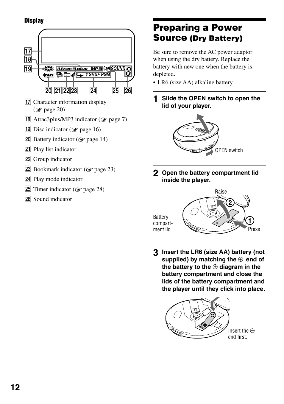 Preparing a power source (dry battery), Preparing a power source, Dry battery) | Sony D-NE330 User Manual | Page 12 / 40