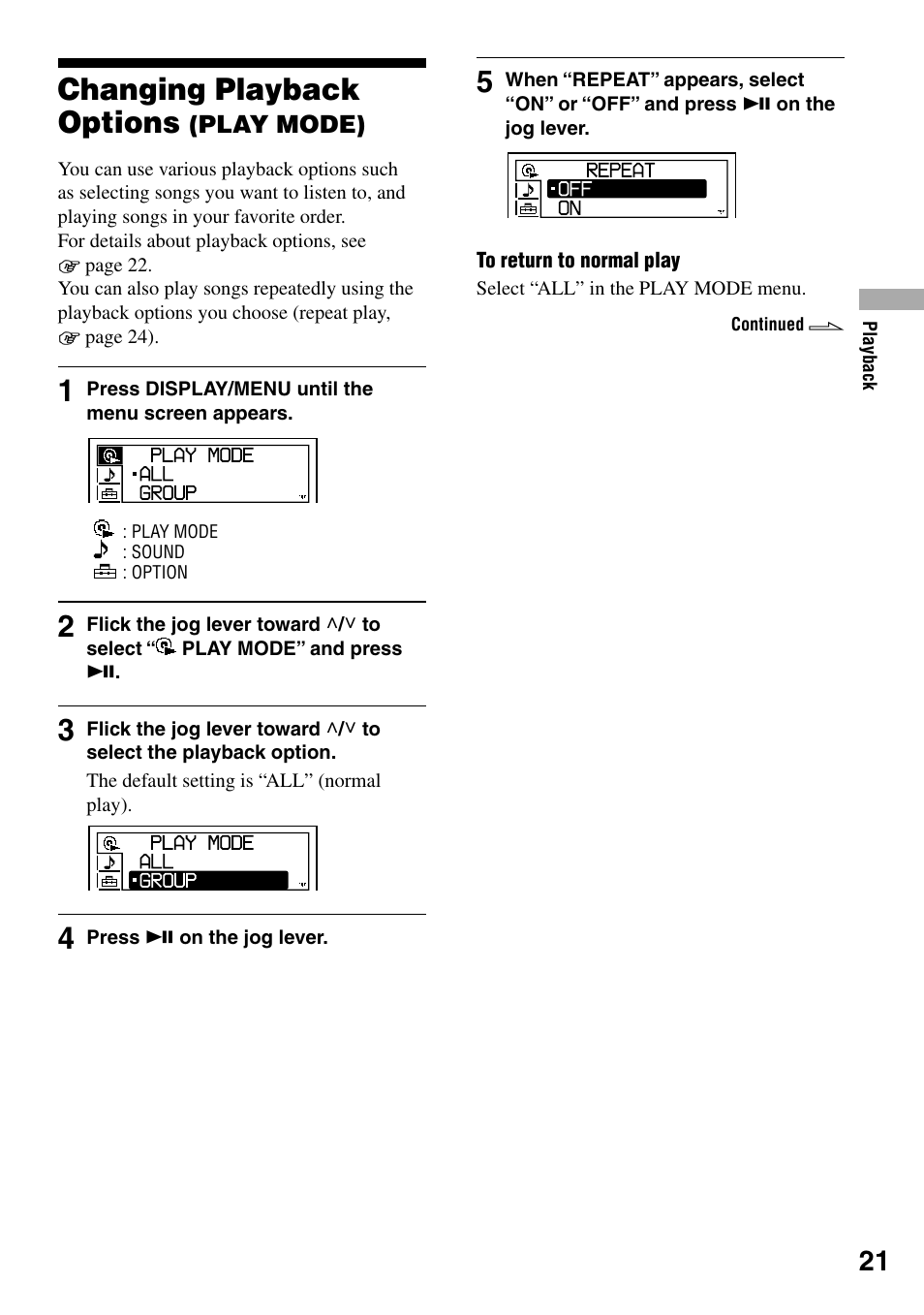 Changing playback options (play mode), Changing playback options, Play mode) | Sony D-NE330 User Manual | Page 21 / 40