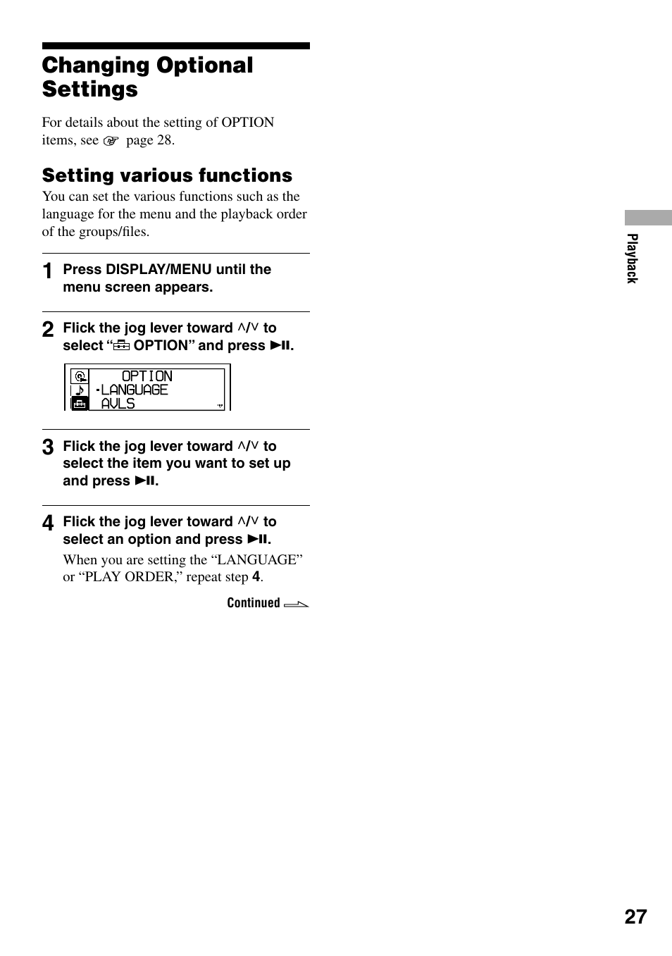 Changing optional settings, Setting various functions | Sony D-NE330 User Manual | Page 27 / 40