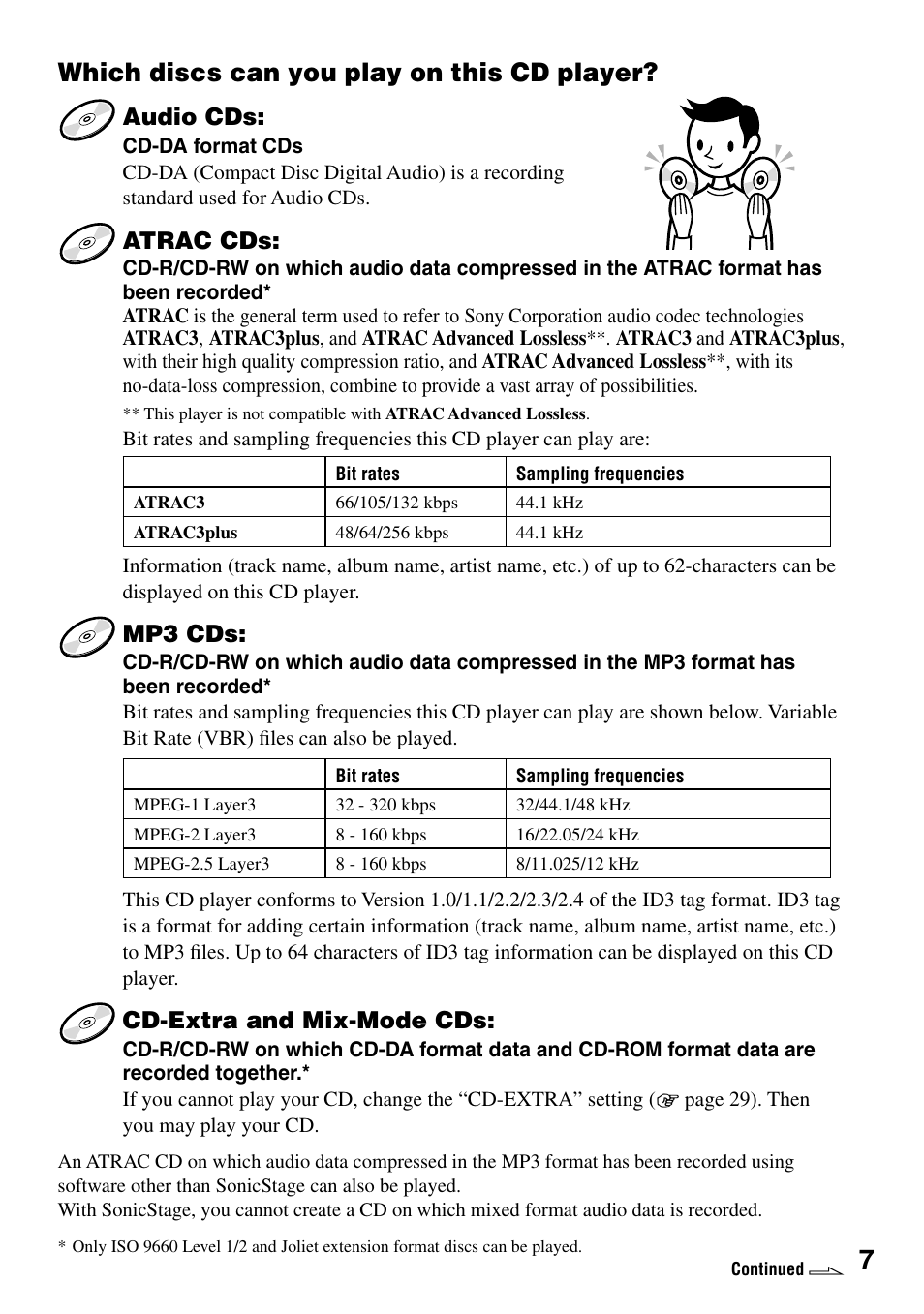 Which discs can you play on this cd player, Which discs can you play on this cd, Player | Audio cds, Atrac cds, Mp3 cds, Cd-extra and mix-mode cds | Sony D-NE330 User Manual | Page 7 / 40