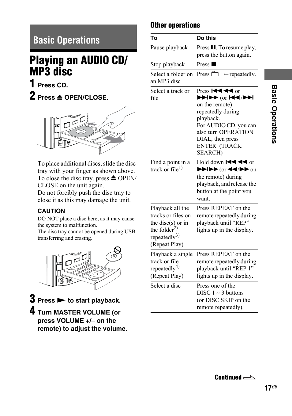 Basic operations, Playing an audio cd/ mp3 disc, Playing an audio cd/mp3 | Disc, Playing an audio cd/ mp3 disc 1 | Sony 4-130-433-13(2) User Manual | Page 17 / 56