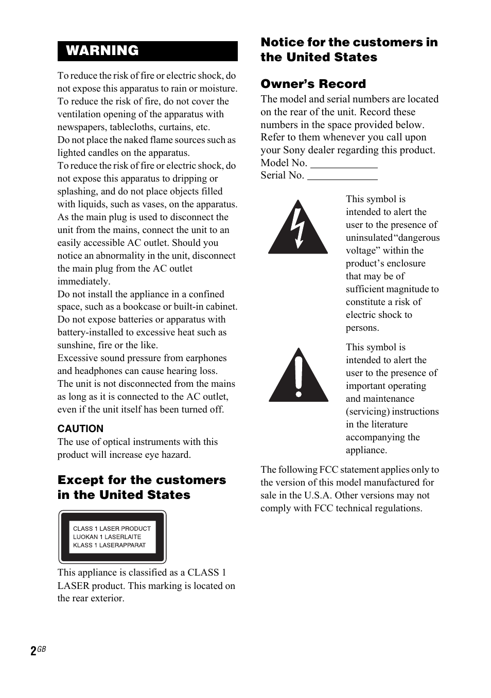 Warning | Sony 4-130-433-13(2) User Manual | Page 2 / 56