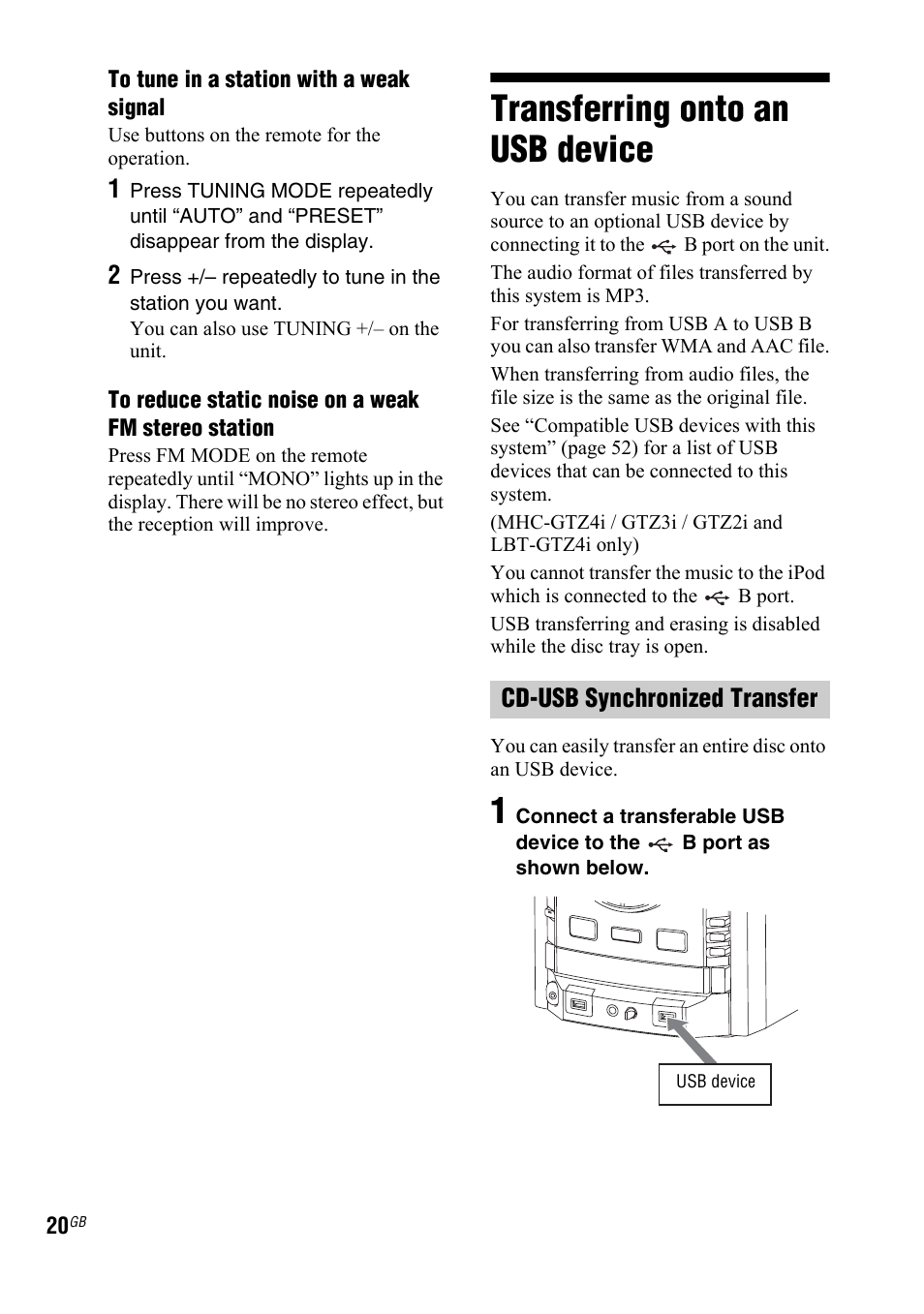 Transferring onto an usb device, Transferring onto an usb, Device | Cd-usb synchronized transfer | Sony 4-130-433-13(2) User Manual | Page 20 / 56