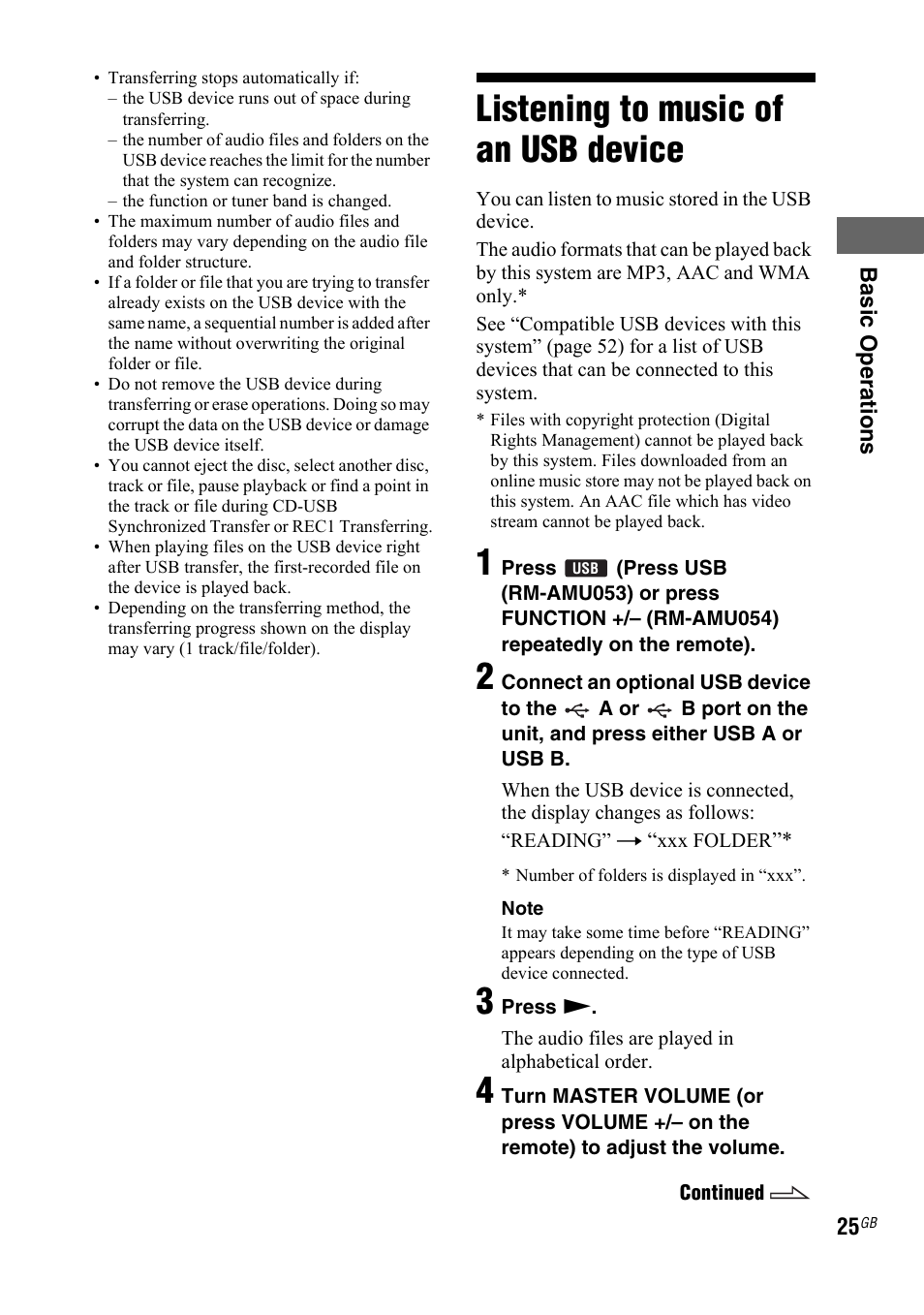 Listening to music of an usb device, Listening to music of an usb, Device | Sony 4-130-433-13(2) User Manual | Page 25 / 56