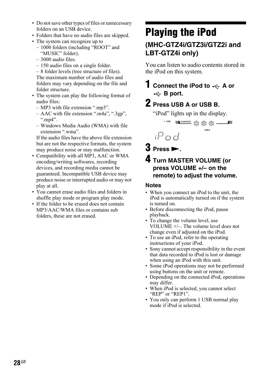 Playing the ipod, Mhc-gtz4i/gtz3i/gtz2i and lbt-gtz4i only) | Sony 4-130-433-13(2) User Manual | Page 28 / 56
