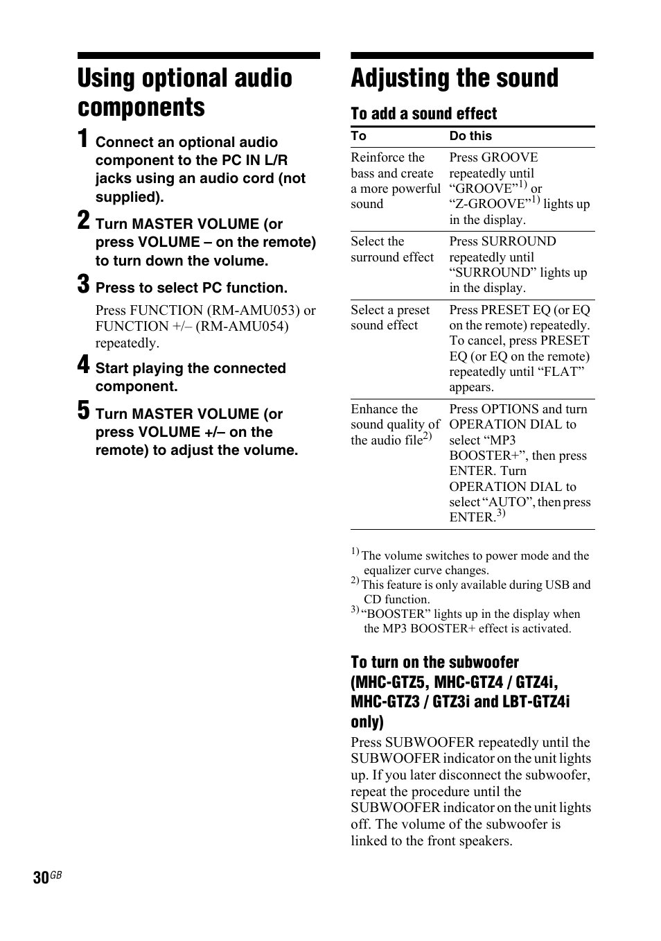 Using optional audio components, Adjusting the sound, Using optional audio | Components, Using optional audio components 1 | Sony 4-130-433-13(2) User Manual | Page 30 / 56