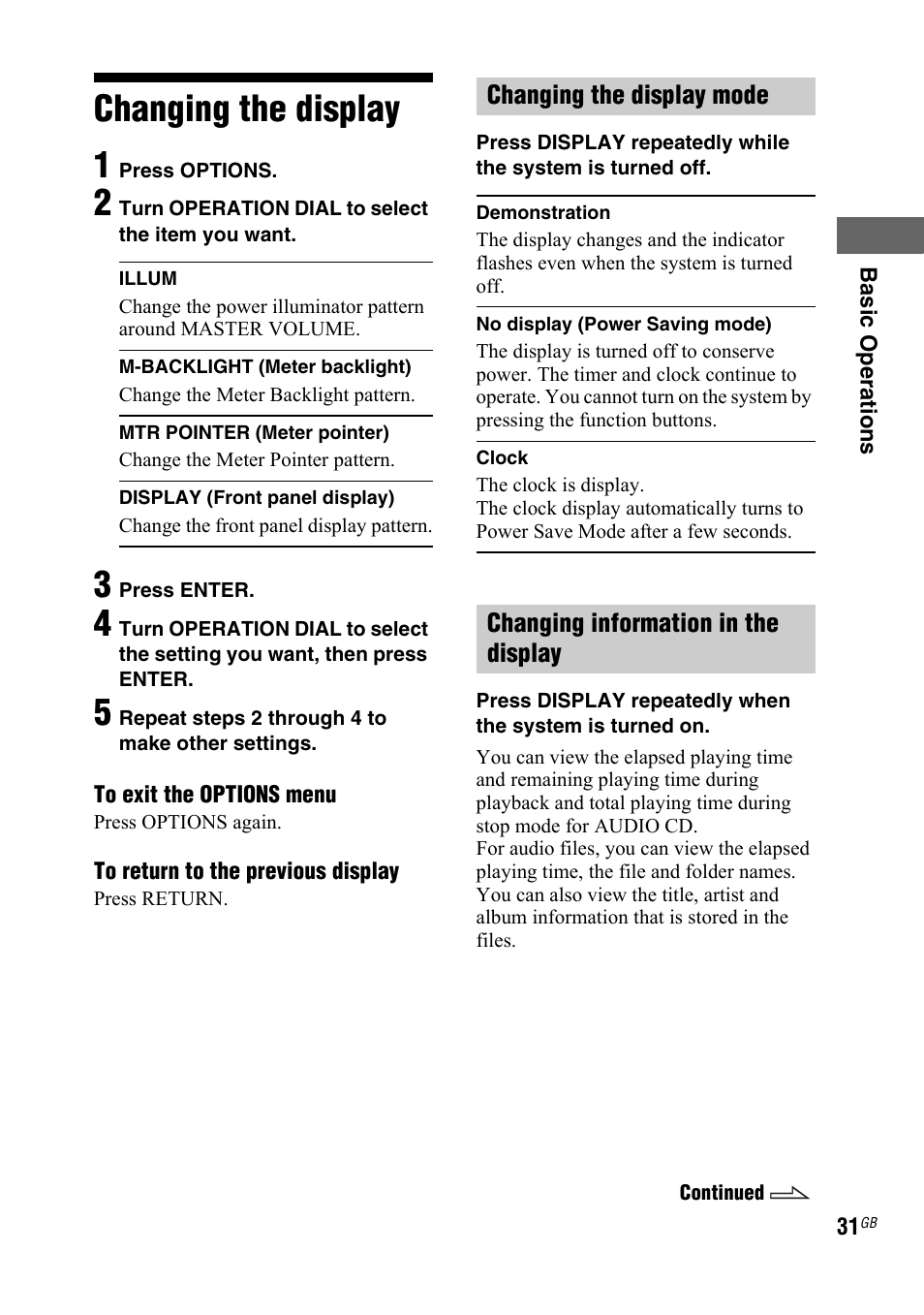 Changing the display, Changing the display 1 | Sony 4-130-433-13(2) User Manual | Page 31 / 56