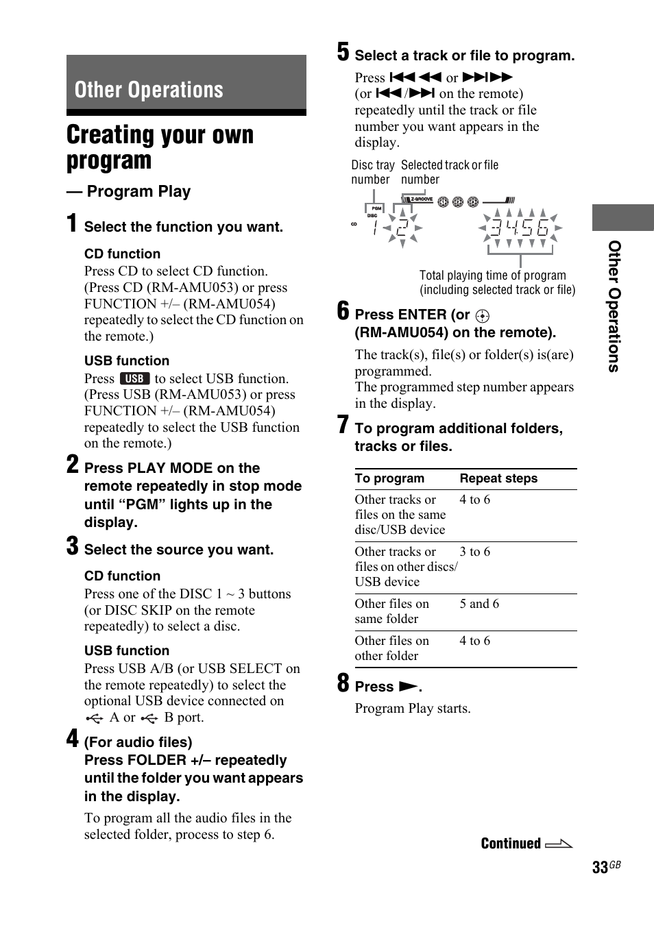 Other operations, Creating your own program, Program play | Sony 4-130-433-13(2) User Manual | Page 33 / 56