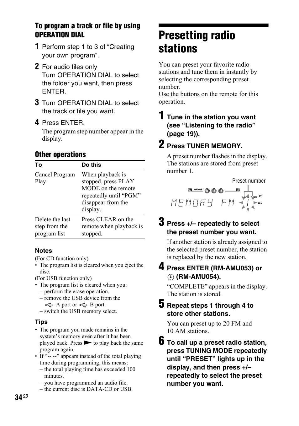 Presetting radio stations, Other operations | Sony 4-130-433-13(2) User Manual | Page 34 / 56