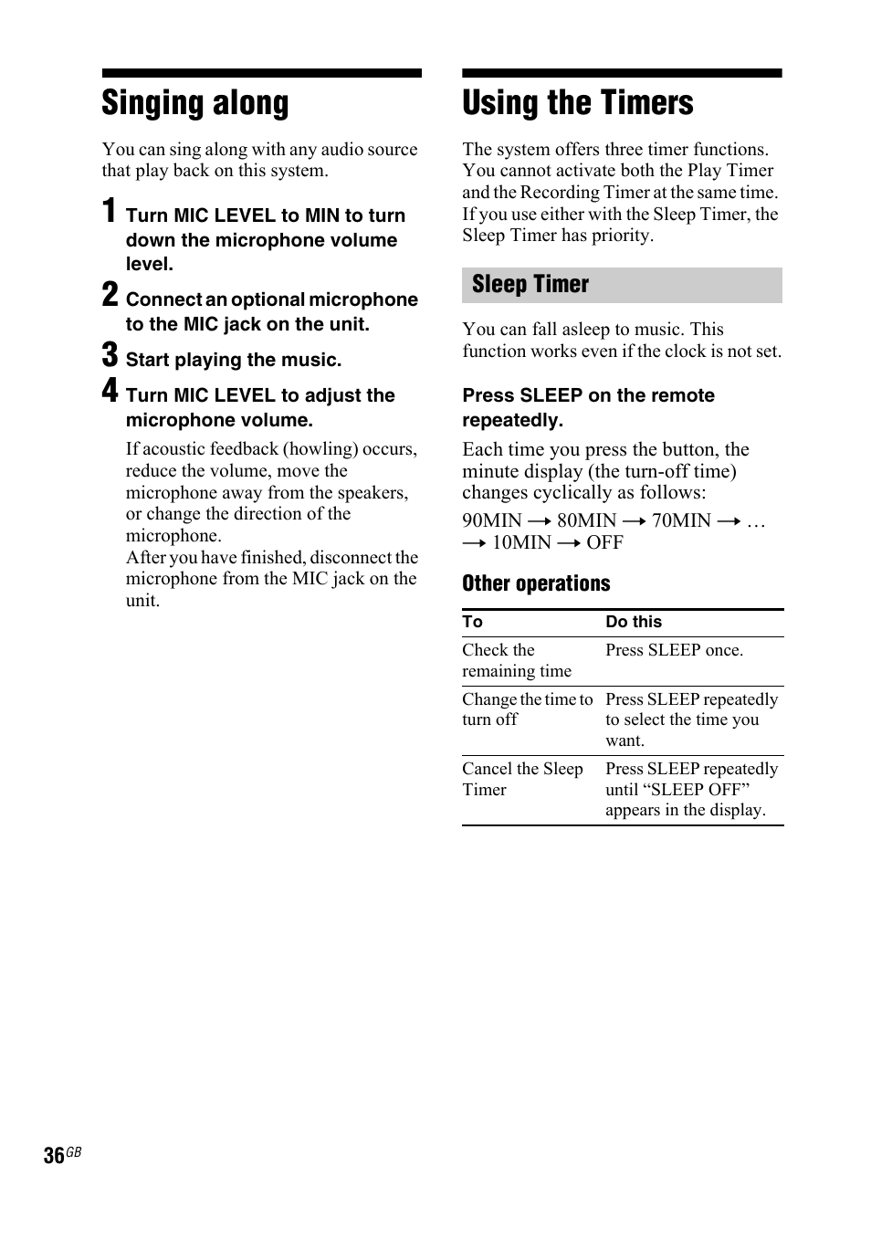 Singing along, Using the timers, Singing along using the timers | Sony 4-130-433-13(2) User Manual | Page 36 / 56
