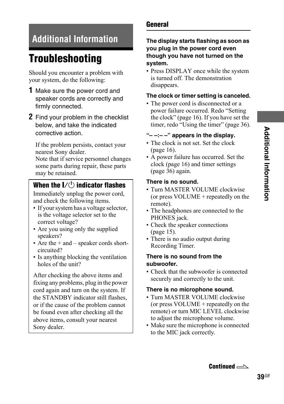 Additional information, Troubleshooting | Sony 4-130-433-13(2) User Manual | Page 39 / 56