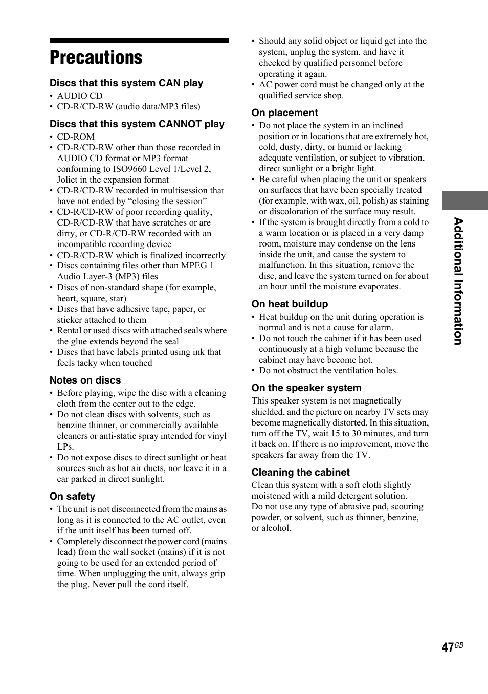 Precautions, Ad ditional inf o rmation | Sony 4-130-433-13(2) User Manual | Page 47 / 56