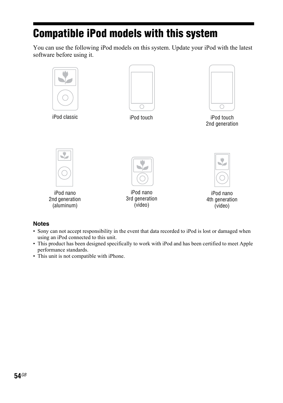 Compatible ipod models with this system, Compatible ipod models with, This system | Sony 4-130-433-13(2) User Manual | Page 54 / 56