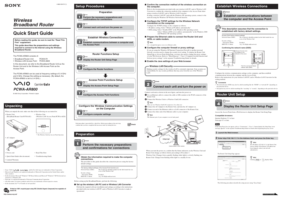 Sony PCWA-AR800 User Manual | 2 pages