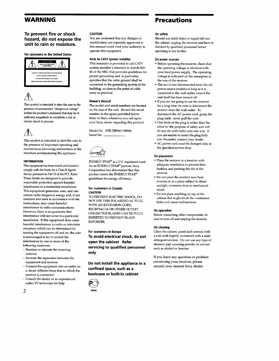 Precautions, Warning precautions | Sony STR-DB940 User Manual | Page 2 / 93