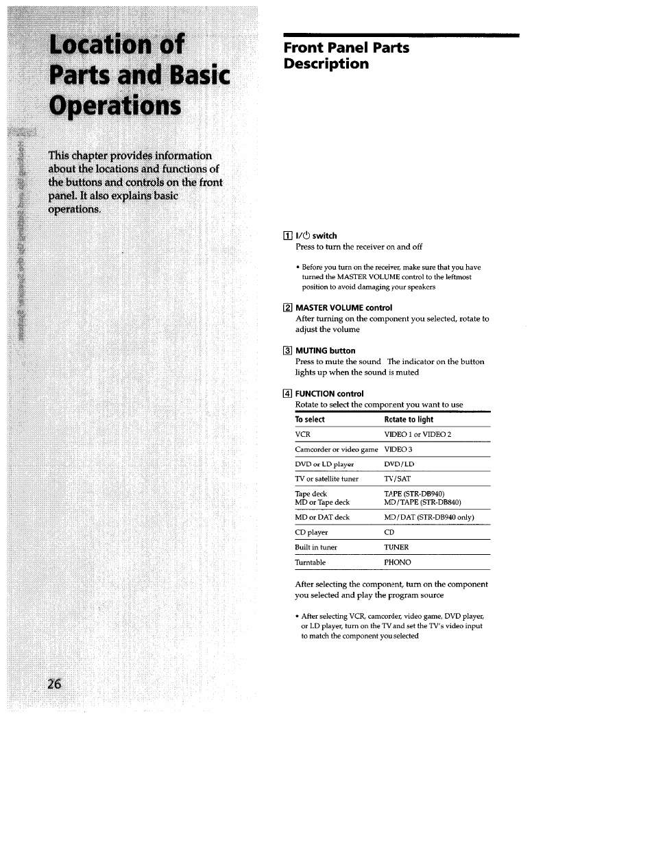 Location of parts and basic operations, Front panel parts description | Sony STR-DB940 User Manual | Page 26 / 93