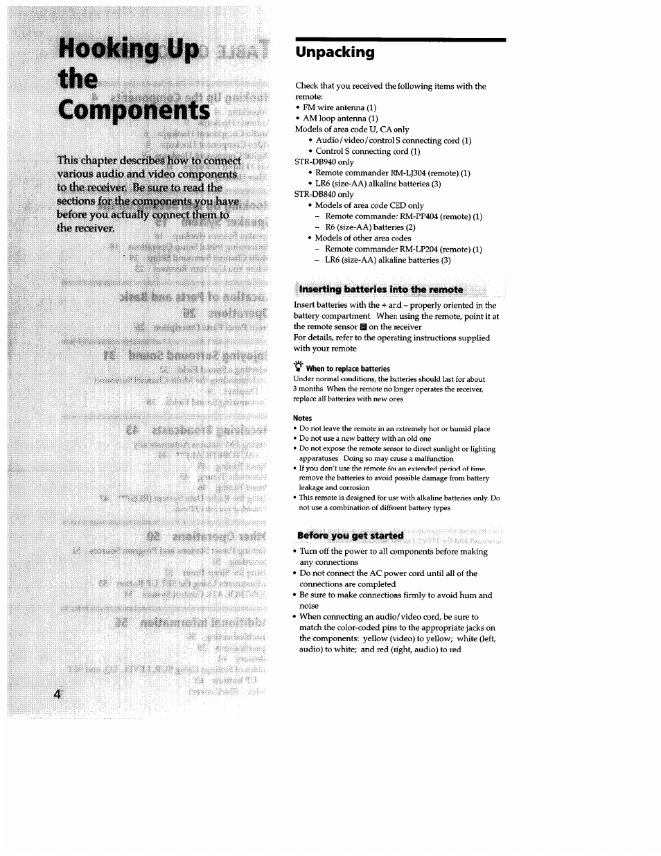 Unpacking, Hooking up the components | Sony STR-DB940 User Manual | Page 4 / 93