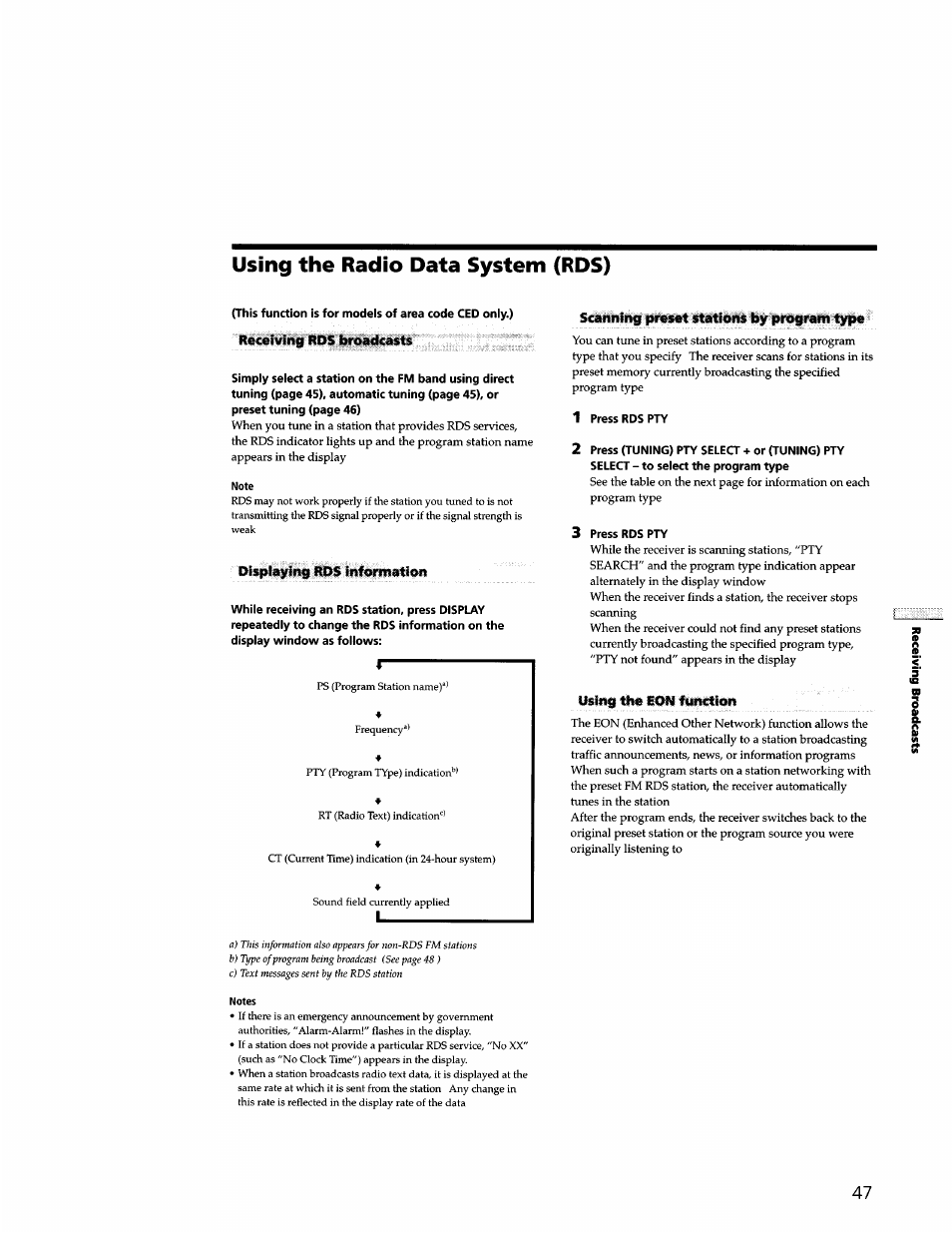 Using the radio data system (rds), Using th« ion #su«ctlo | Sony STR-DB940 User Manual | Page 47 / 93