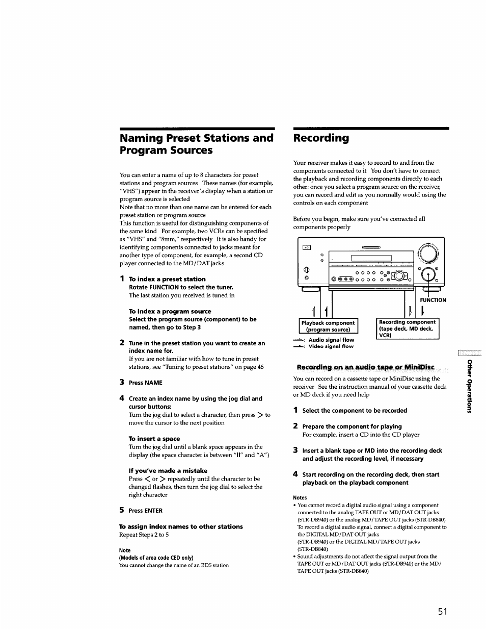 Naming preset stations and program sources, Recording | Sony STR-DB940 User Manual | Page 51 / 93