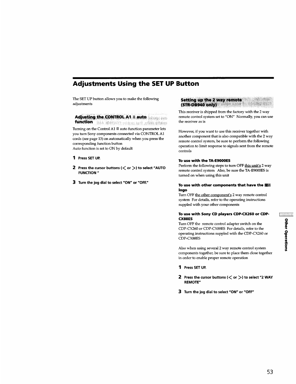 Adjustments using the set up button, Unction | Sony STR-DB940 User Manual | Page 53 / 93