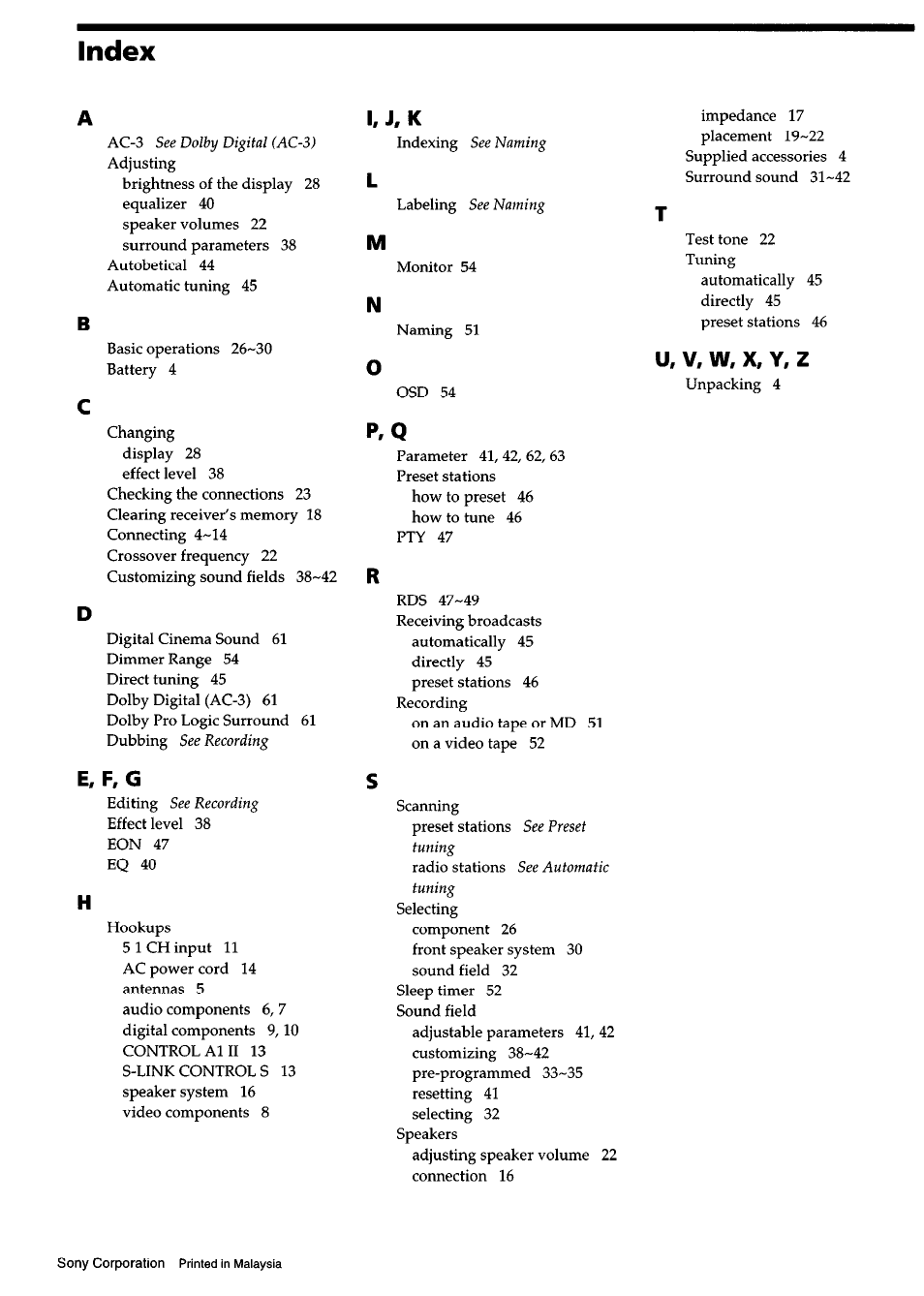 Index, Bh 1. j. k, 0u. v, w. x, y, z | Sony corporation printed in maiaysia | Sony STR-DB940 User Manual | Page 64 / 93