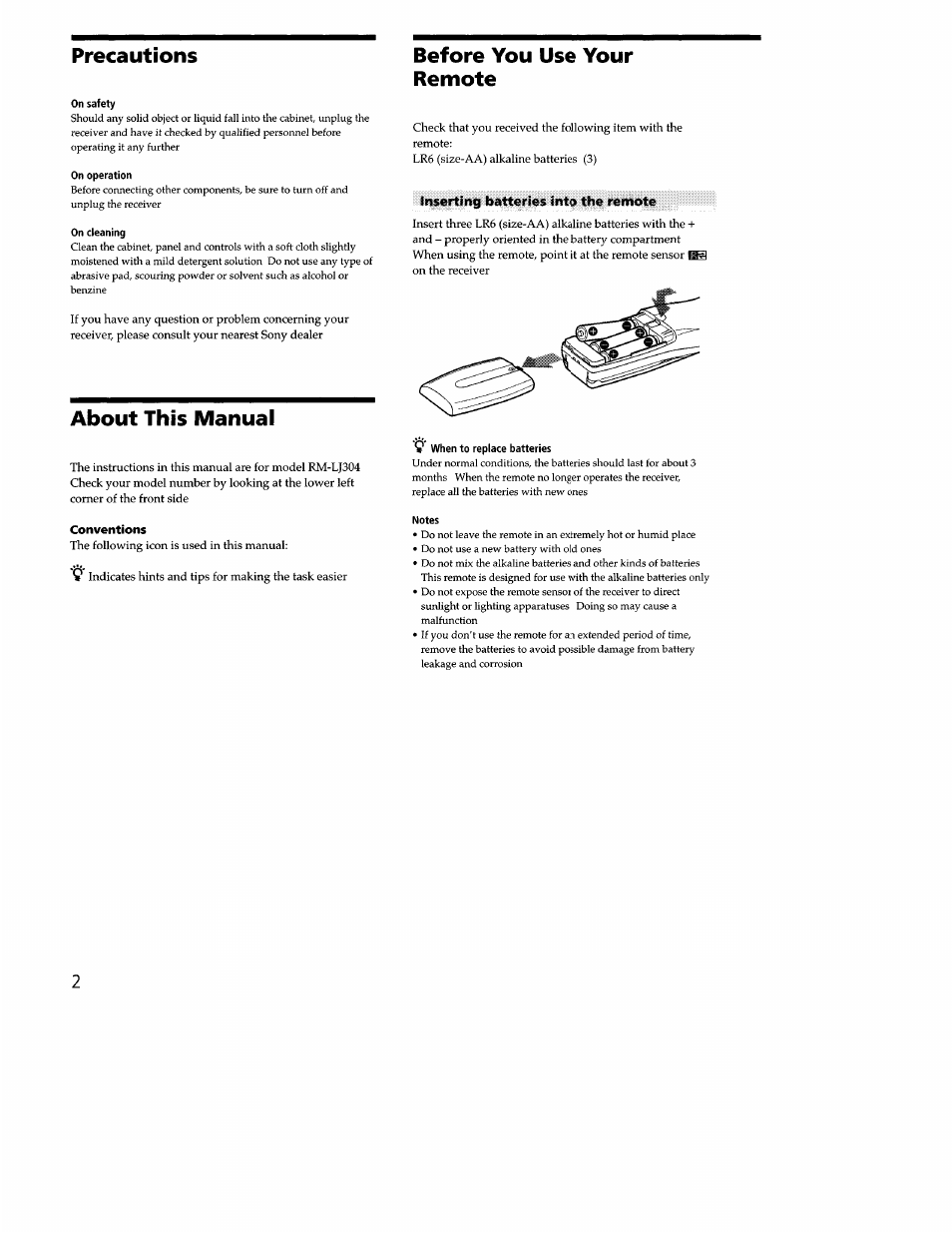 About this manual, Before you use your remote, Precautions | Sony STR-DB940 User Manual | Page 66 / 93