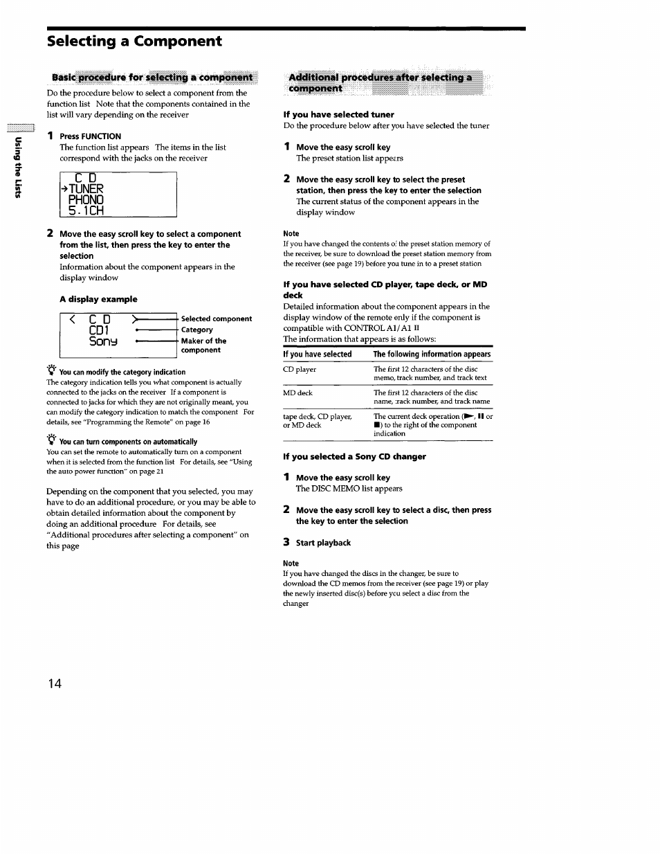 Selecting a component | Sony STR-DB940 User Manual | Page 78 / 93