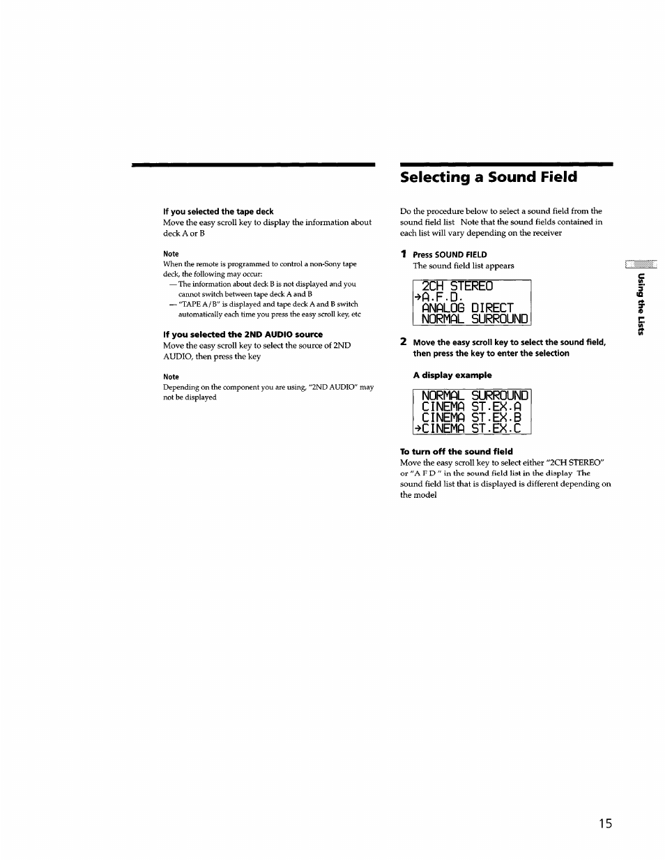 Selecting a sound field, 2ch stereg ^a.f.d. analog direct normal surround | Sony STR-DB940 User Manual | Page 79 / 93