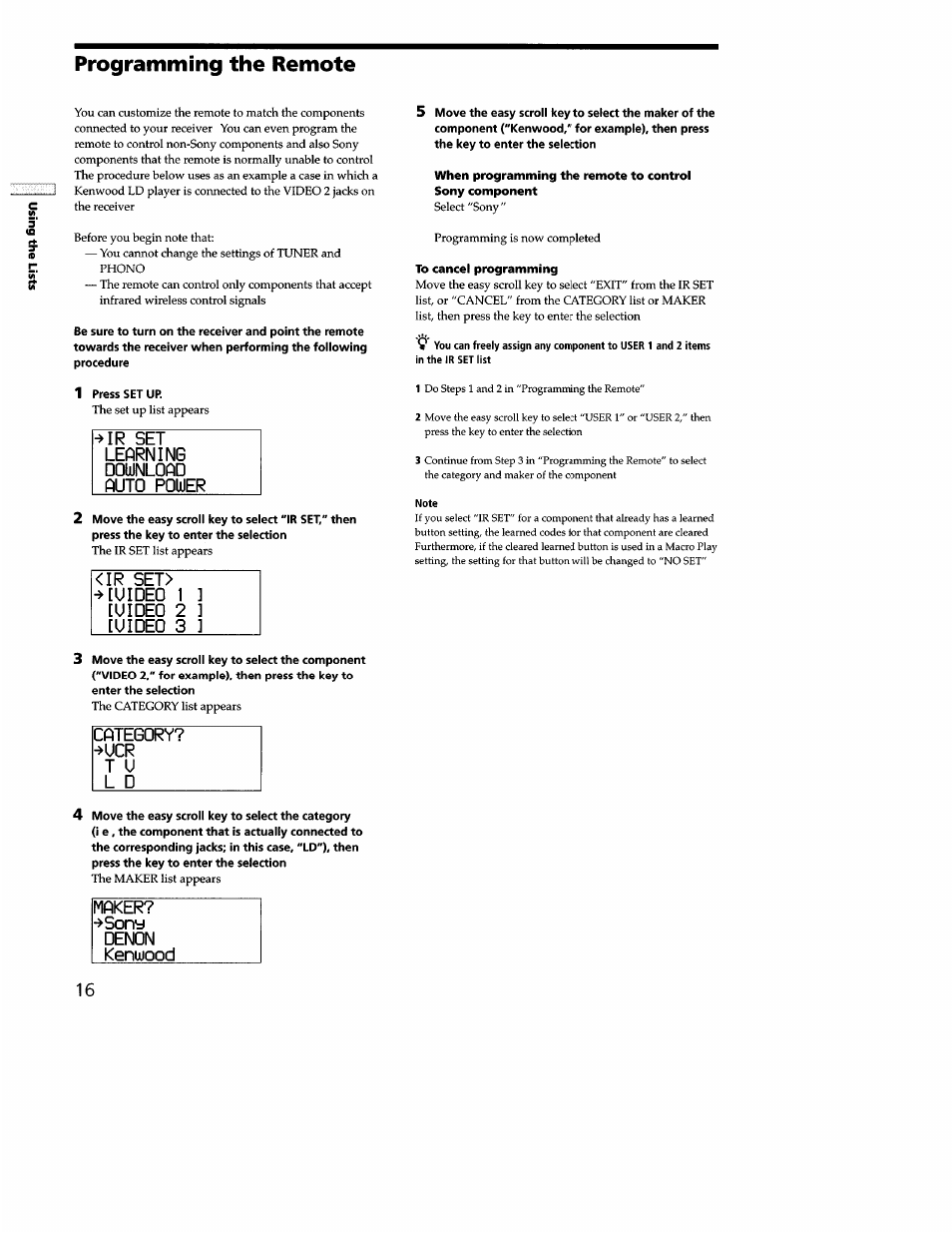 Programming the remote, Ir set learning download auto power, Ir set> ^[uideo 1 ] [uideo 2 ] [uideo 3 | Maker? ->sony denon kenuiood | Sony STR-DB940 User Manual | Page 80 / 93