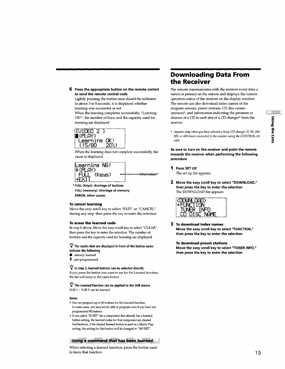 Downloading data from the receiver, Exit, Learning ng! *(play) | D0wnl0ad> ^function tuner info cd disc name | Sony STR-DB940 User Manual | Page 83 / 93