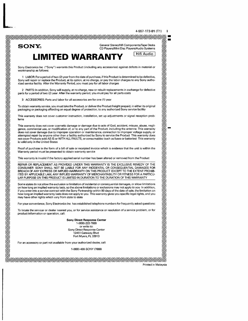 Limited warranty | Sony STR-DB940 User Manual | Page 93 / 93
