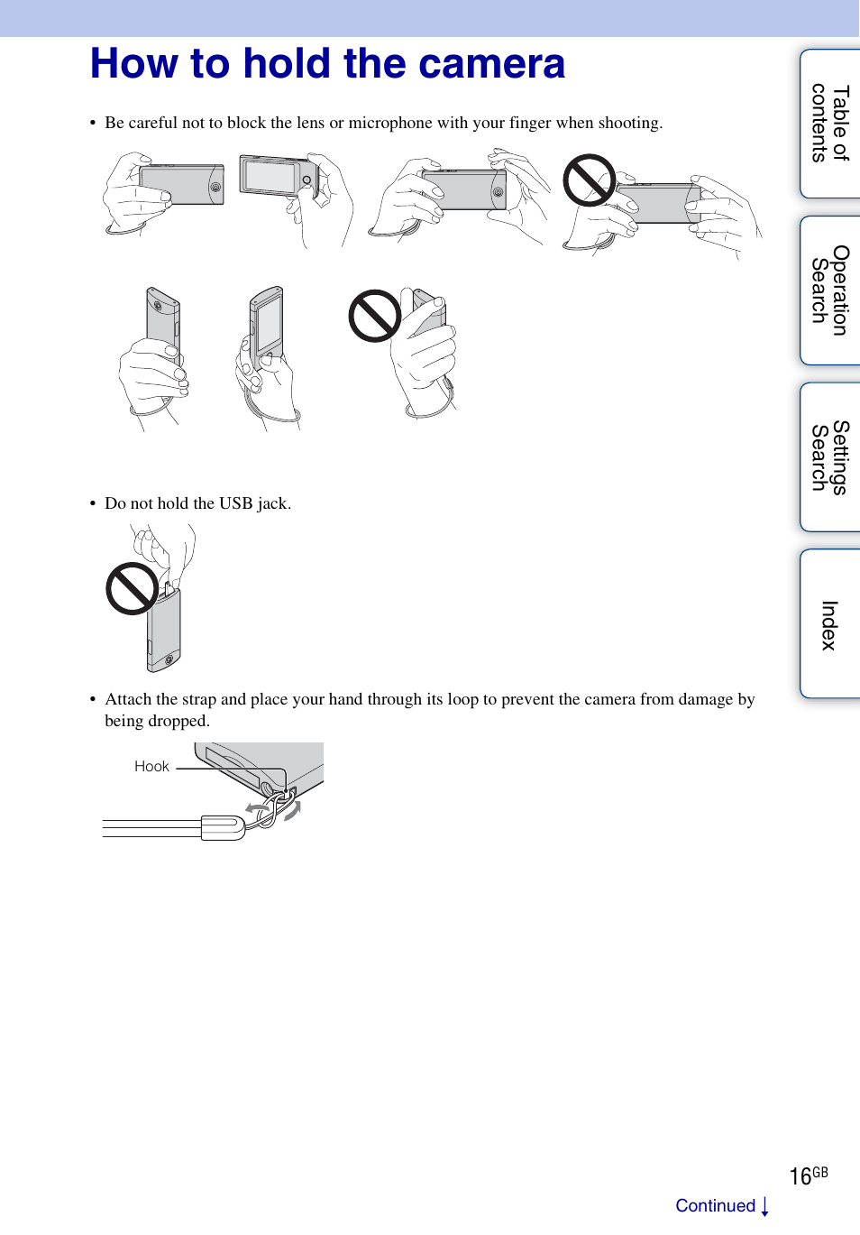 How to hold the camera | Sony bloggie MHS-TS20К User Manual | Page 16 / 73