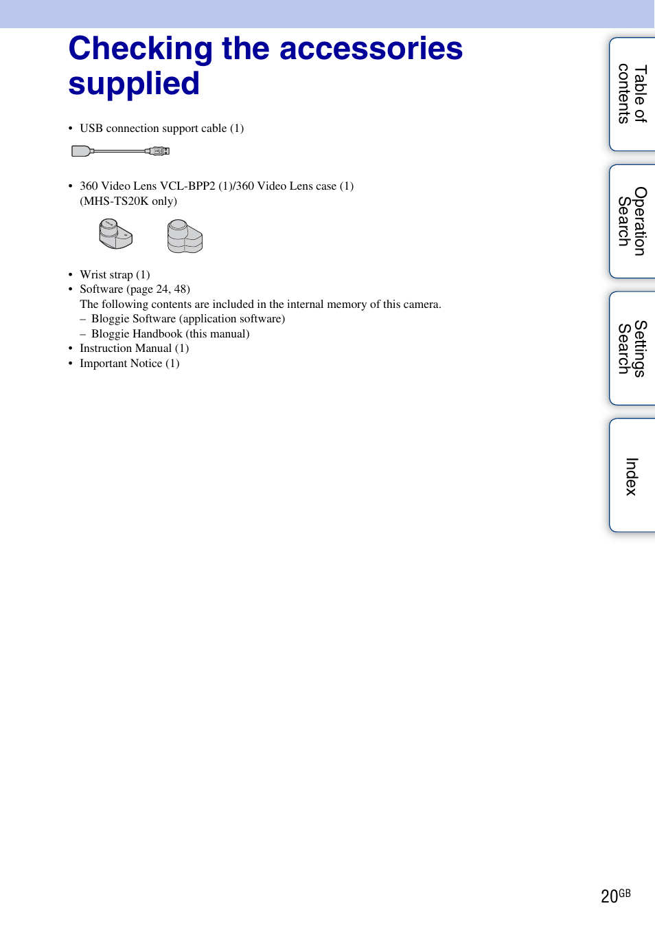 Checking the accessories supplied | Sony bloggie MHS-TS20К User Manual | Page 20 / 73