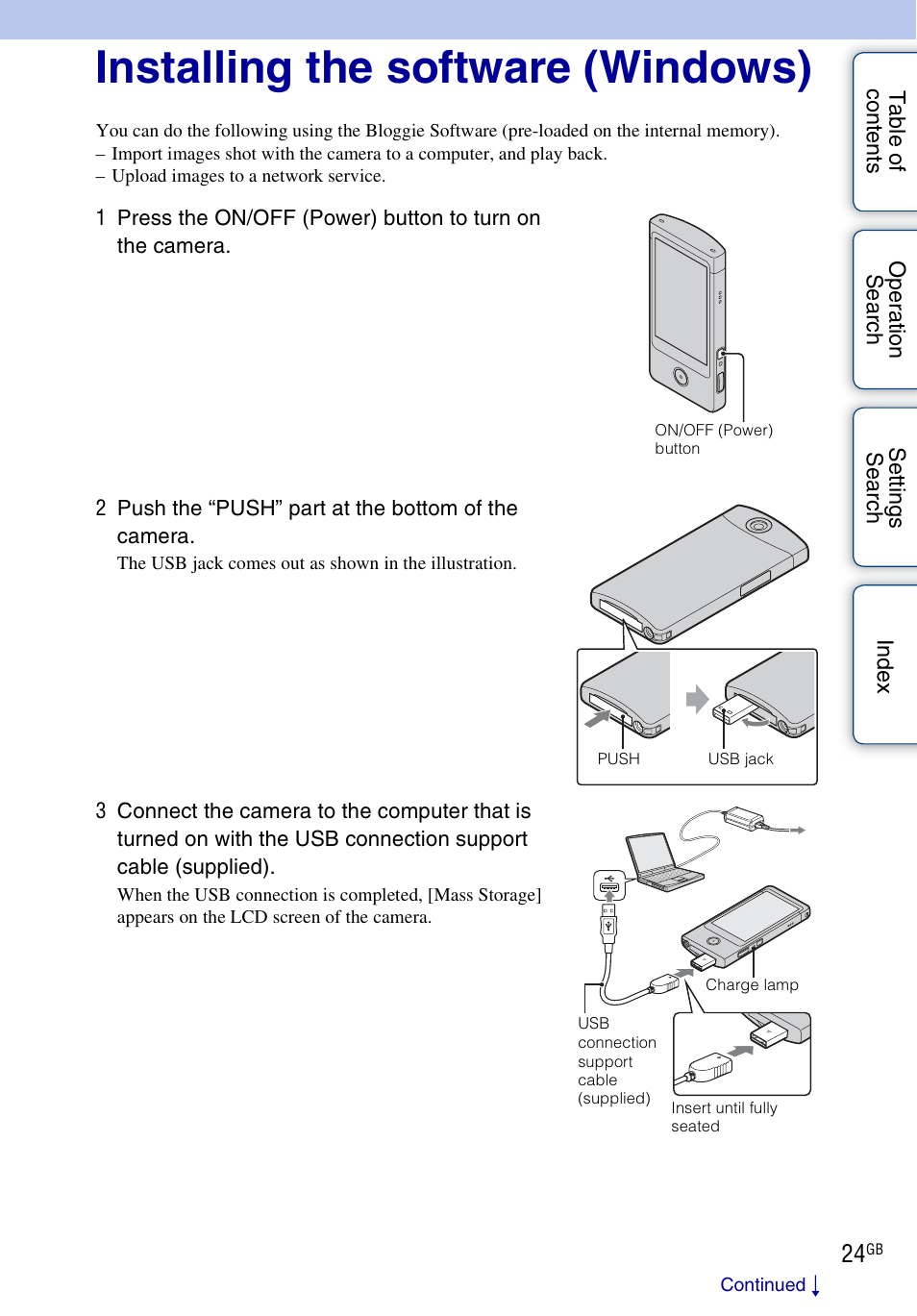 Installing the software (windows) | Sony bloggie MHS-TS20К User Manual | Page 24 / 73