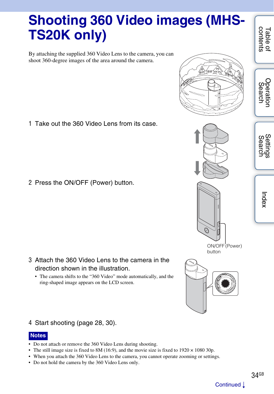 Shooting 360 video images (mhs- ts20k only) | Sony bloggie MHS-TS20К User Manual | Page 34 / 73