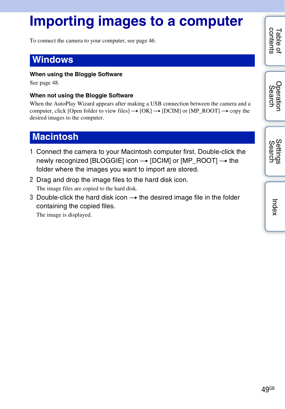 Importing images to a computer, Windows macintosh | Sony bloggie MHS-TS20К User Manual | Page 49 / 73