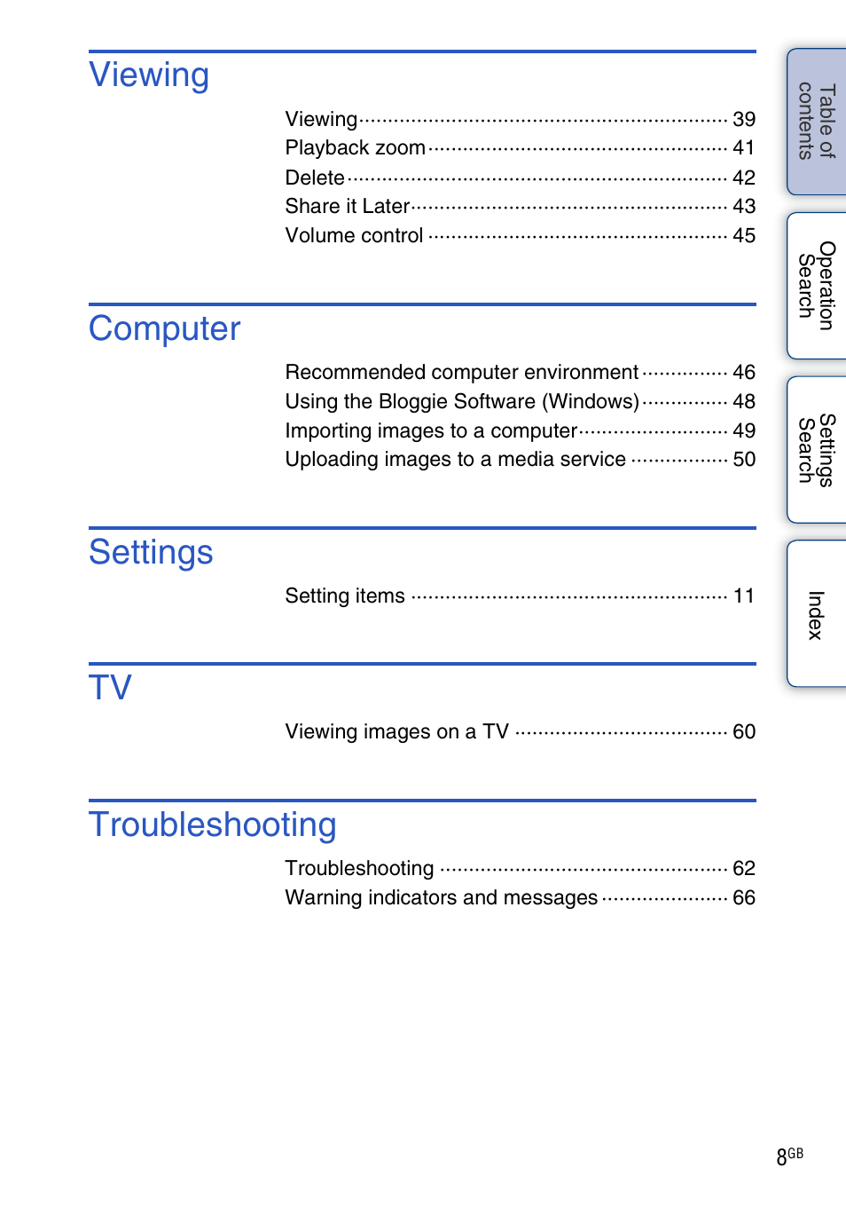 Viewing, Computer, Settings | Troubleshooting | Sony bloggie MHS-TS20К User Manual | Page 8 / 73