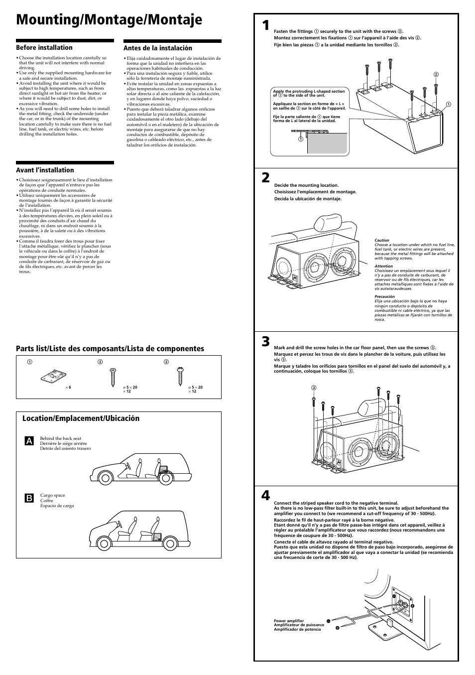 Mounting/montage/montaje, Location/emplacement/ubicación | Sony XS-L120B5D User Manual | Page 2 / 2