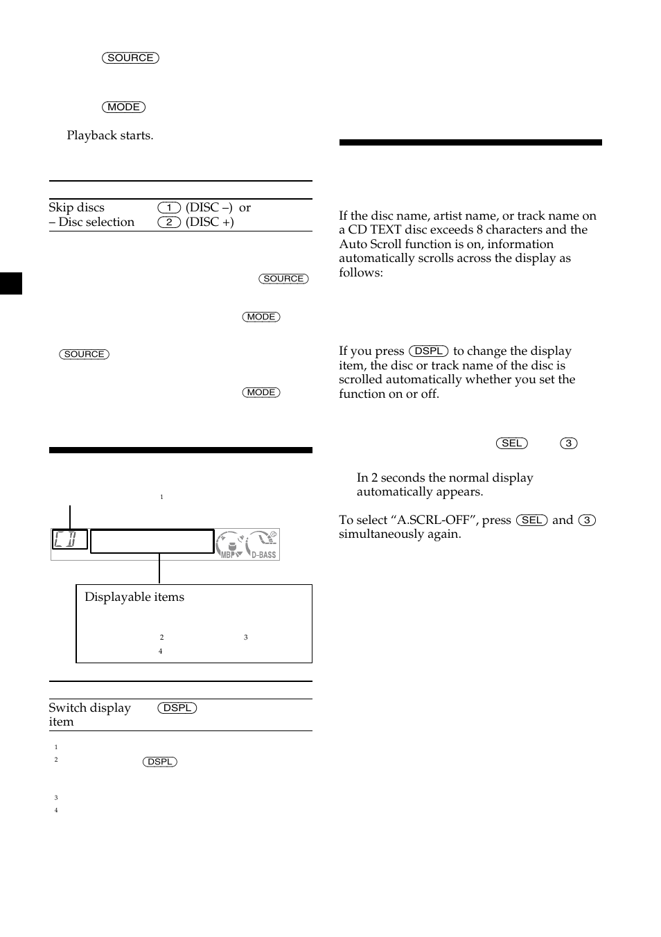 Display items, Automatically scrolling a name — auto scroll, Automatically scrolling a name | Sony CDX-CA600 User Manual | Page 10 / 132