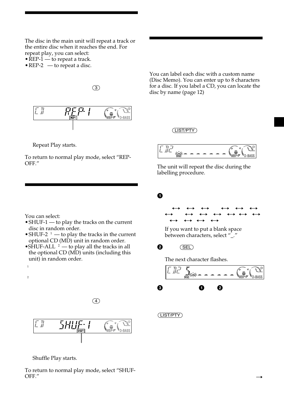Playing tracks repeatedly — repeat play, Playing tracks in random order — shuffle play, Labelling a cd — disc memo | Labelling a cd, Playing tracks repeatedly, Playing tracks in random order | Sony CDX-CA600 User Manual | Page 11 / 132