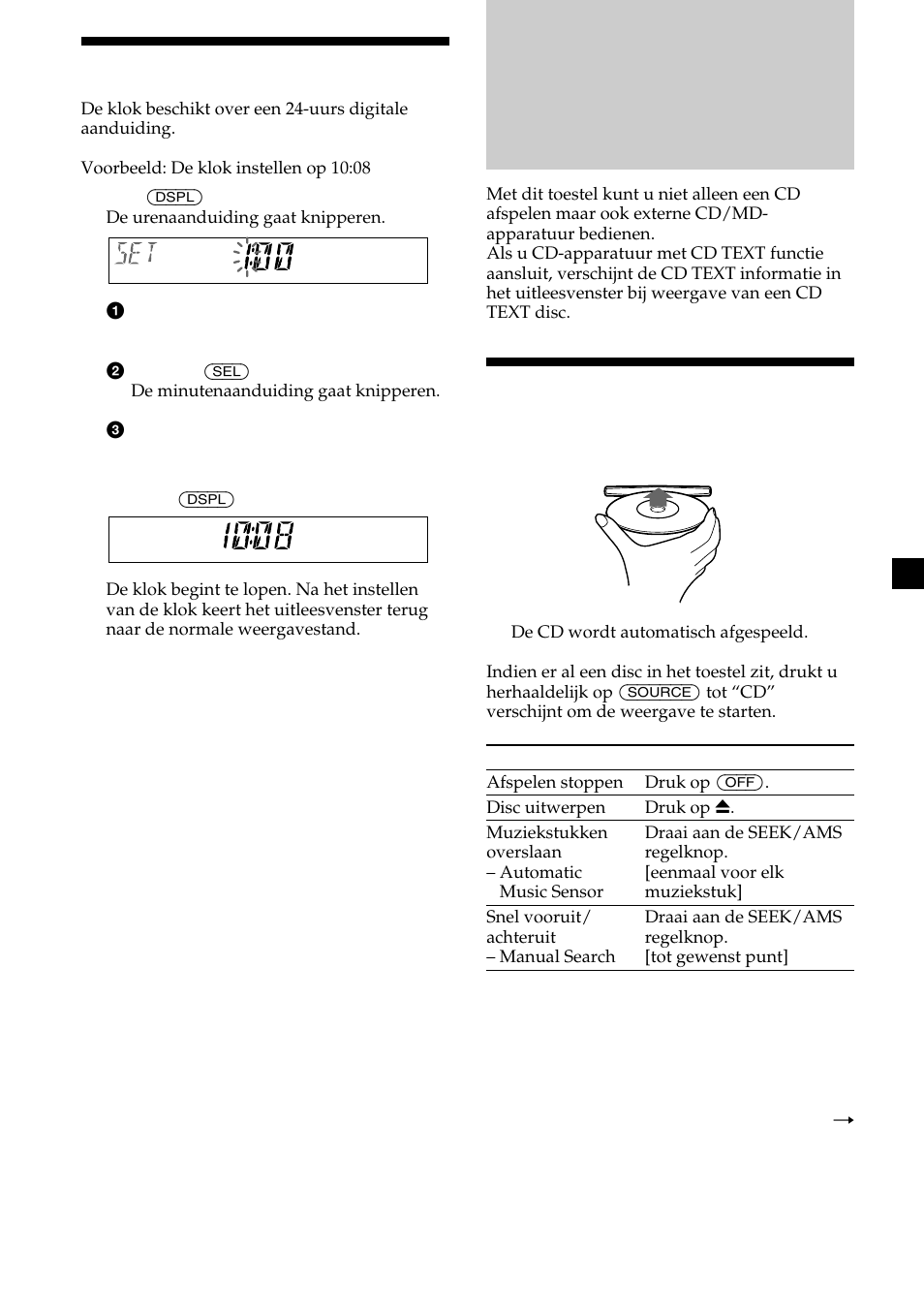Cd-speler los verkrijgbare cd/ md-apparatuur, Een disc afspelen, De klok instellen | Sony CDX-CA600 User Manual | Page 113 / 132
