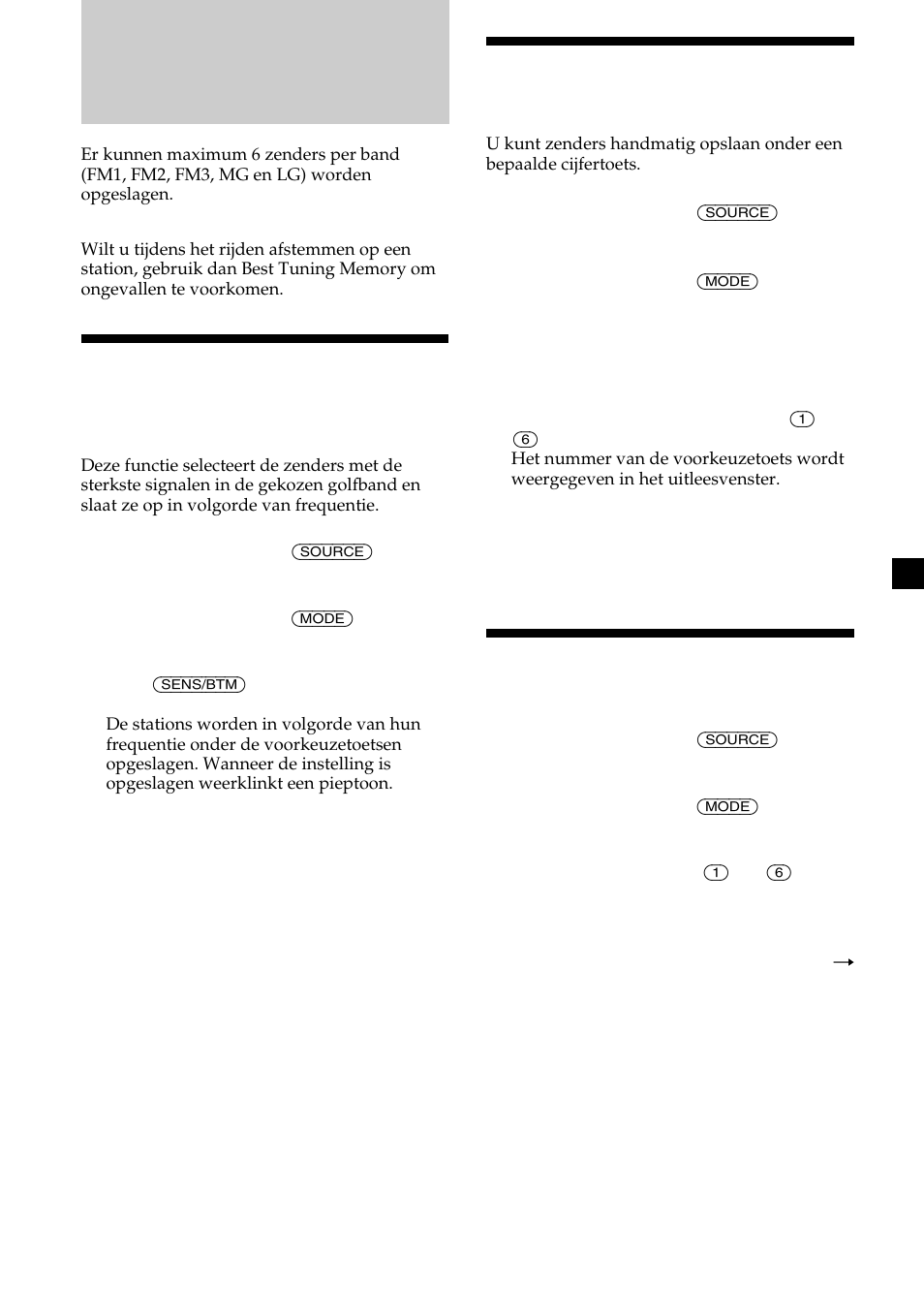 Radio, Automatisch zenders opslaan, Alleen gewenste zenders opslaan | Opgeslagen zenders ontvangen | Sony CDX-CA600 User Manual | Page 117 / 132